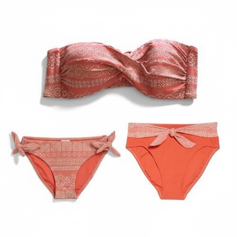 Robin Piccone Isla Bikini Set Terracotta Print BandeauTop & 2 Bottoms Size S